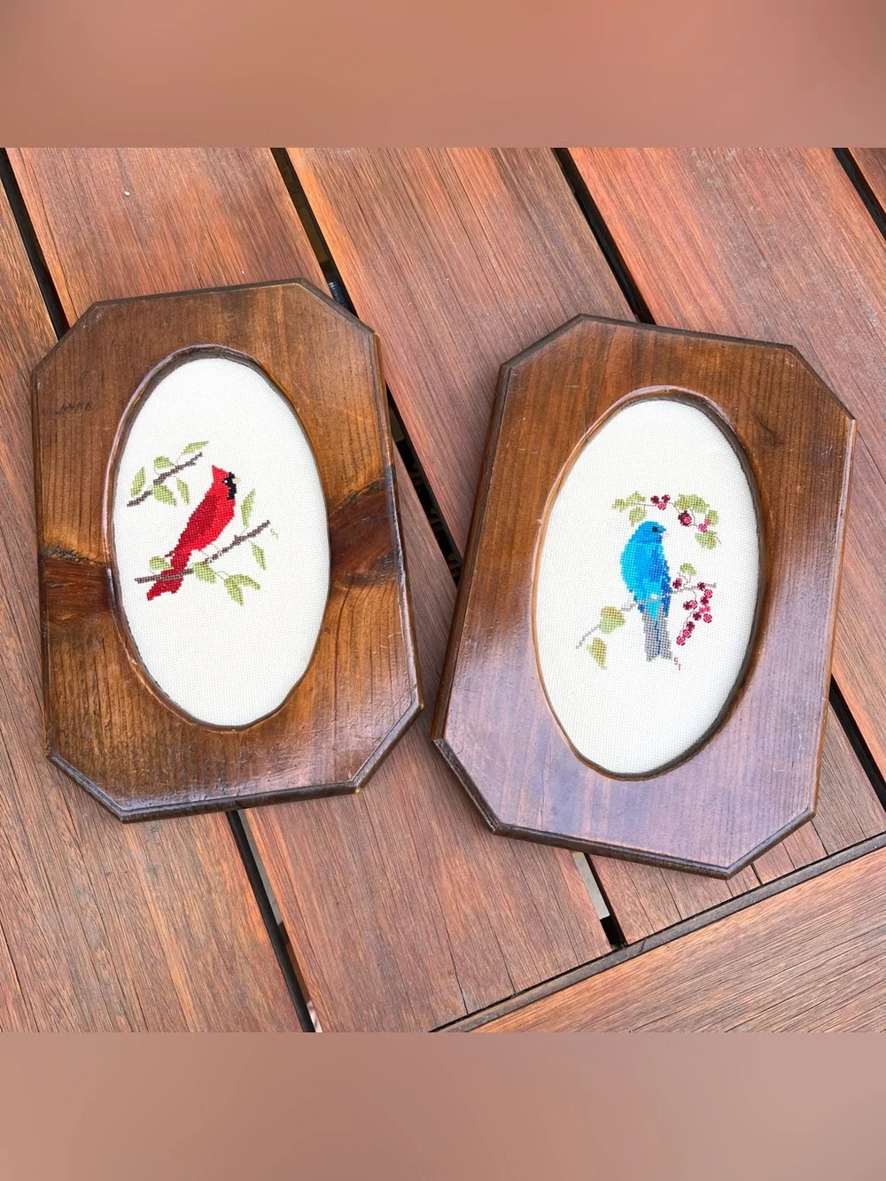 Vintage Needlepoint Bluebird and Cardinal Wooden Framed Art Oval Birds 11
